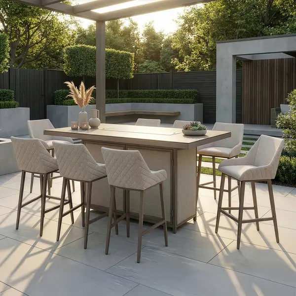 Outdoor Fabric Regal 8 Seat Rectangular Bar Set
with Fire Pit Table - Latte