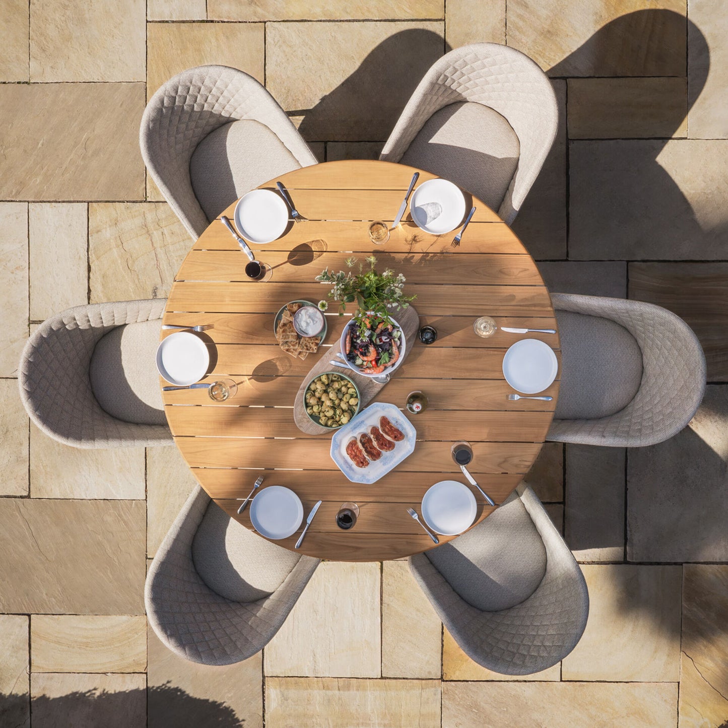 Sicily Teak 6 Seat Round Dining Table Set - Latte