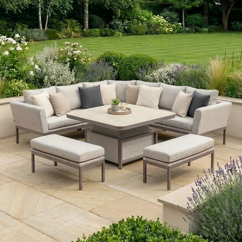 Outdoor Fabric Pulse Deluxe Square Dining Set with Rising Table - Latte