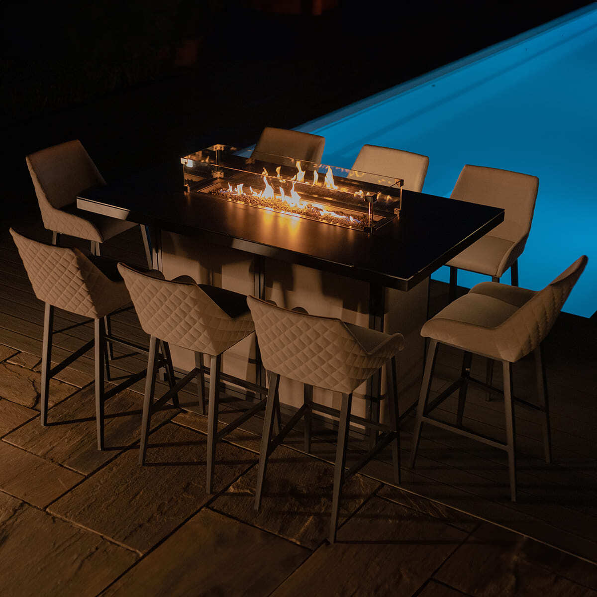Outdoor Fabric Regal 8 Seat Rectangular Bar Set
with Fire Pit Table - Oatmeal