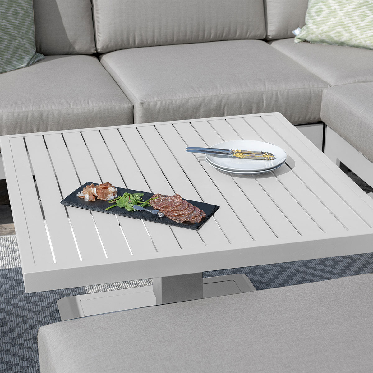 Amalfi Square Corner Dining with Square Rising Table and Footstools - White