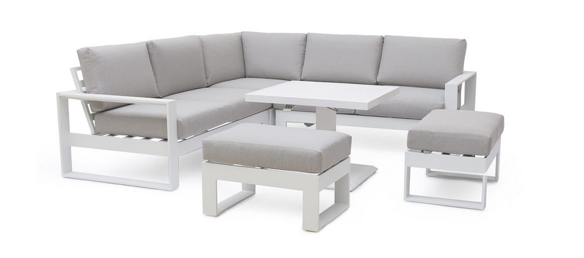 Amalfi Square Corner Dining with Square Rising Table and Footstools - White