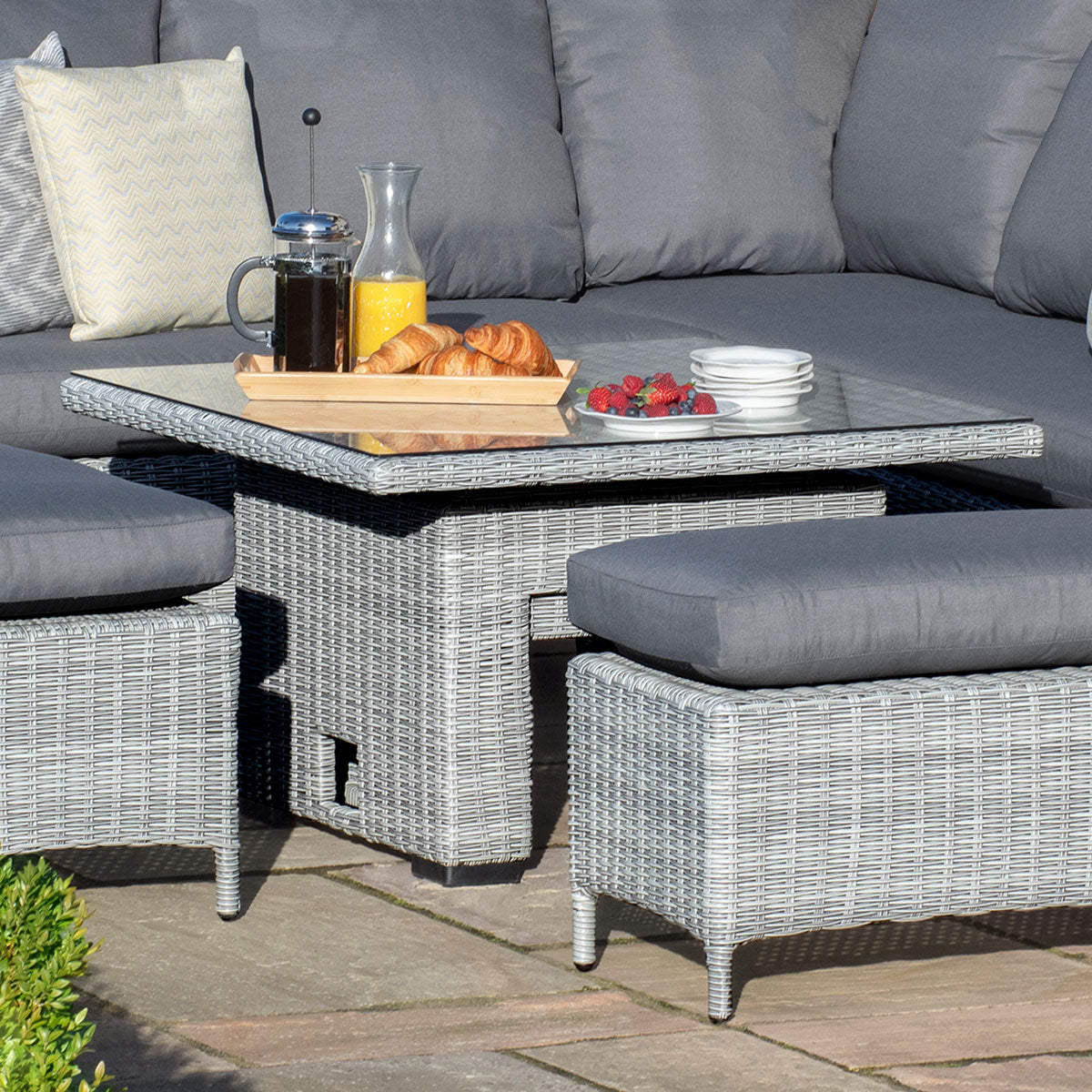 Ascot Square Corner Dining Set with Rising Table and Weatherproof Cushions