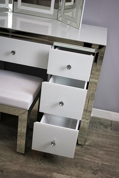 White Glass and Mirrored Dressing Table Set
