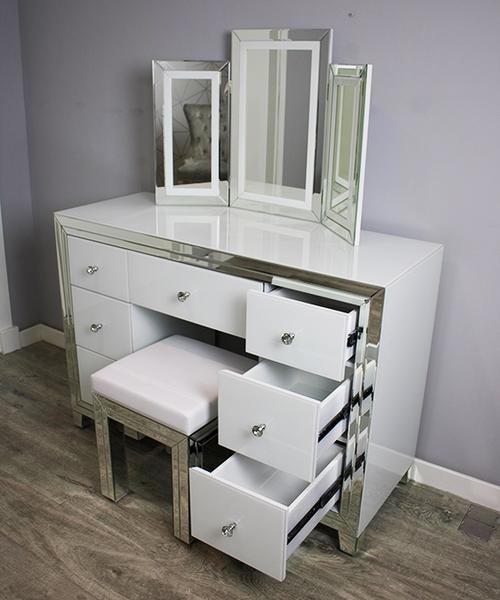 White Glass and Mirrored Dressing Table Set