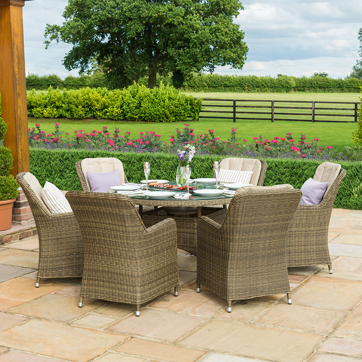 Winchester 6 Round Rattan Dining Set with Venice Chairs, Ice Bucket & Lazy Susan